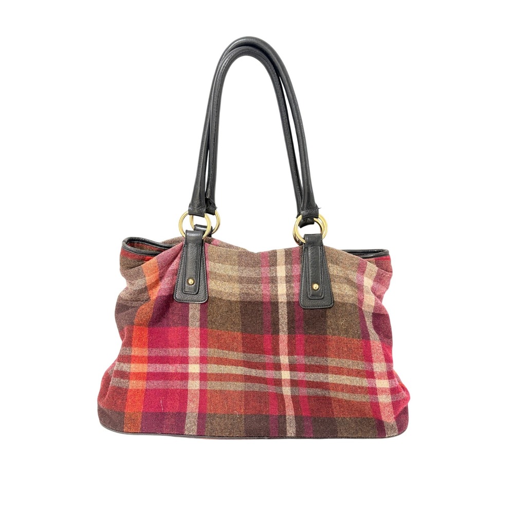Talbots Wool Plaid Shoulder Bag Red Brown Leather Trim Gold Hardware Tote